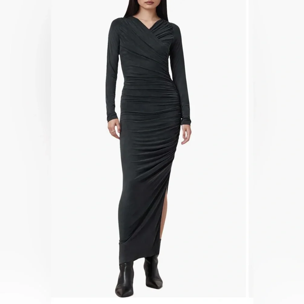 🆕 All Saints Hanako Long Sleeve Ruched Dark Gray Asymmetrical Dress 8UK (4US) - Picture 1 of 16